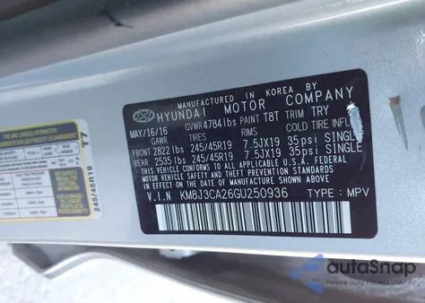 2016 Hyundai Tucson Limited z USA, uszkodzony, nr VIN KM8J3CA26GU250936